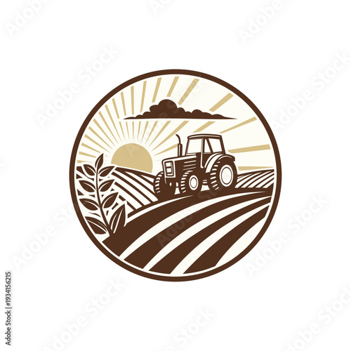 Tractor farming scene isolated on white.