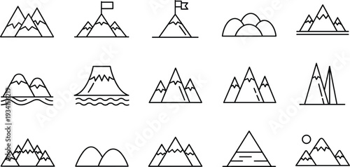 Icon collection of various mountain ranges and landscapes in simple line art