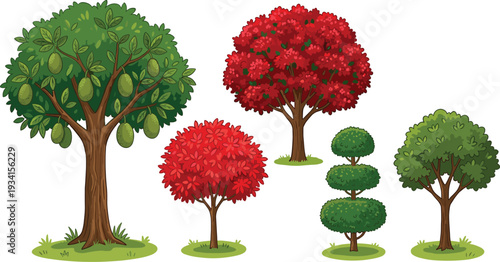 Autumn tree top view flat vector illustration set for architectural landscape design cad drawing plan map