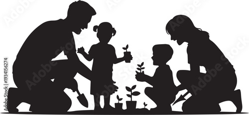 Family planting seedlings together people silhouettes