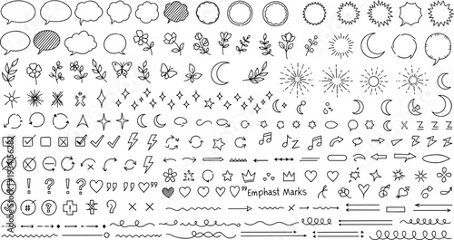 Icon designs featuring various symbols and shapes arranged in rows on a white surface