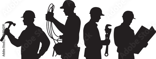 Four construction workers in silhouette with tools