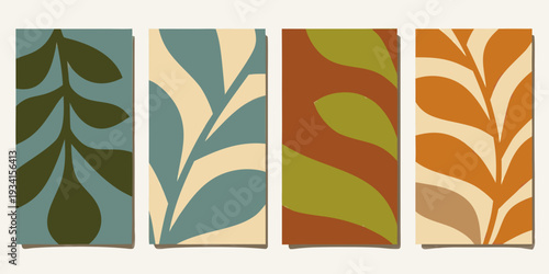 Four vertical panels displaying abstract botanical shapes and color palettes