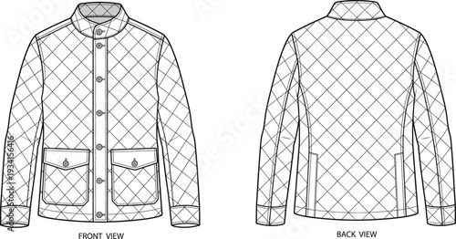 Men quilted field jacket technical fashion flat sketch vector illustration front and back view template
