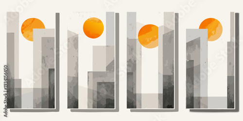 Abstract cityscape with orange circles resembling suns or moons