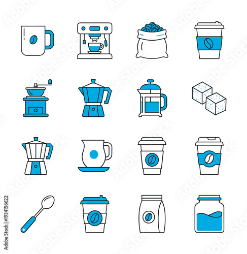 Collection of coffee making and serving icons in a clean, modern line art style