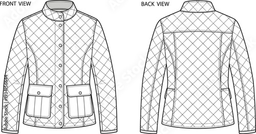 Quilted Women's Diamond Padded Jacket Front and Back View CAD Drawing Flat Vector Illustration Technical Sketch