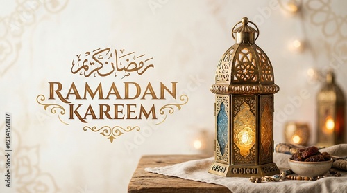 Ramadan Kareem Greeting Card with Traditional Lantern and Dates on Wooden Table
