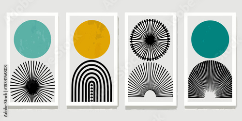 Four abstract geometric art prints with circles arcs and radiating lines