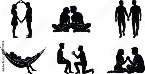 Romantic Couples Silhouette Vector Set with Marriage Proposal Wedding Engagement Heart Signs and Lovers in Hammock