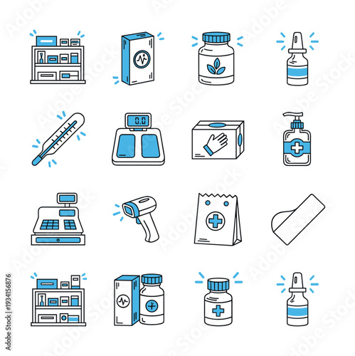 Collection of pharmacy and medical icons in a clean, modern line art style