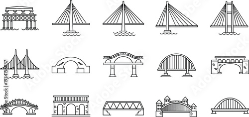 Various Icon Illustrations of Bridges and Tents in a Single Frame
