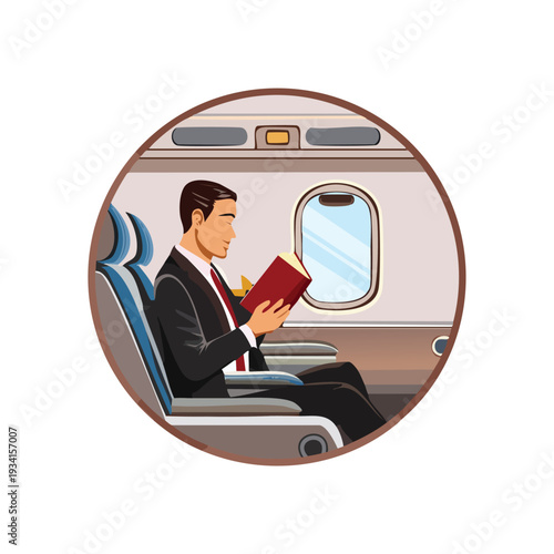 Man reading on airplane vector illustration
