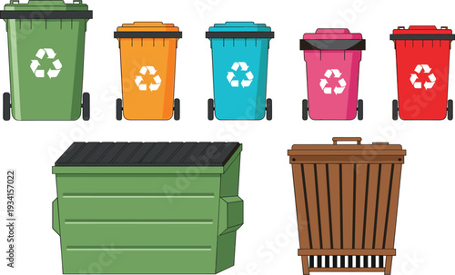 Recycling and Trash Bin Collection with Colorful Waste Containers, Dumpster, and Wooden Garbage Box Vector Illustration Set for Sanitation Designs