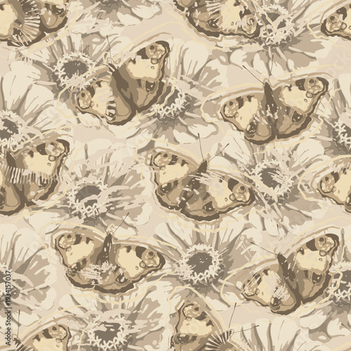Beige camouflage seamless pattern with stylized butterflies, floral elements. Abstract grunge style. Wild nature. Soft muted colors. For apparel, fabric, textile, sport goods design.