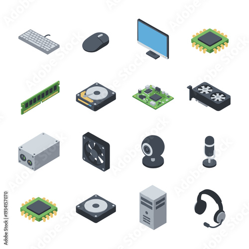 Collection of isometric computer hardware components and peripherals on a white background