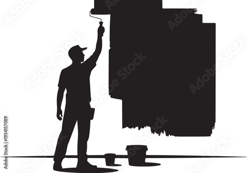 Man painting wall with roller and paint cans silhouette