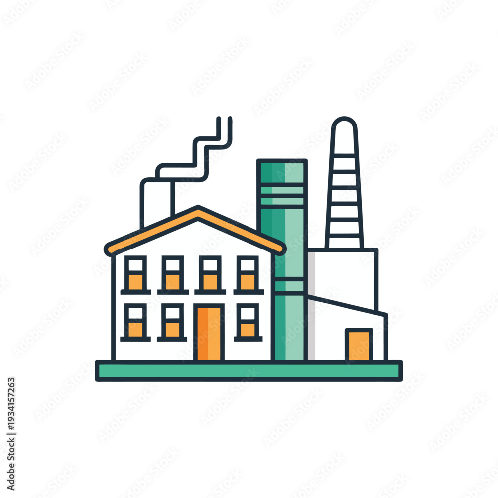 Naklejka premium Factory Illustration with Smokestack, Cylindrical Tank, and Conical Tower Representing Industrial Production and Manufacturing Vector