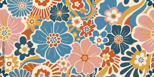 A vibrant repeating floral pattern with retro seventies inspired design