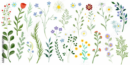 A colorful collection of stylized wildflowers and green foliage arranged closely