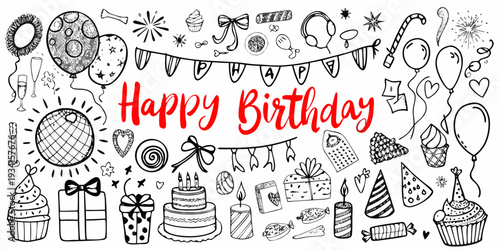 A playful doodle collection celebrating a happy birthday with various festive items