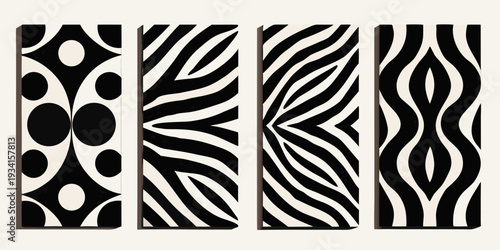 Abstract black and white geometric patterns displayed in a four panel arrangement
