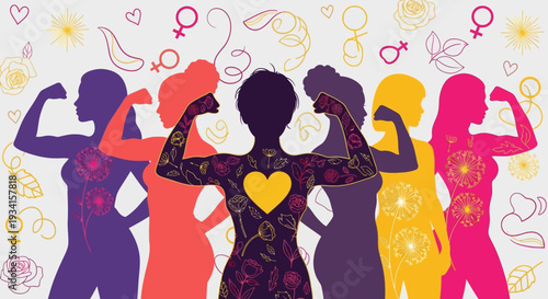 Vibrant Empowered Women Silhouettes Flexing Muscles with Floral Art - Celebrating Feminism, Diversity, and Unity