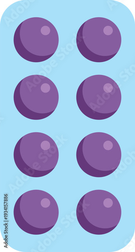 Blister pack holding eight purple pharmaceutical pills for healthcare