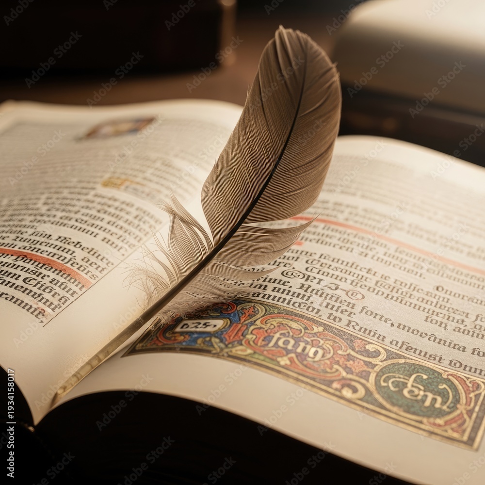 Fototapeta premium Ancient Book with Feather - A Literary Journey.