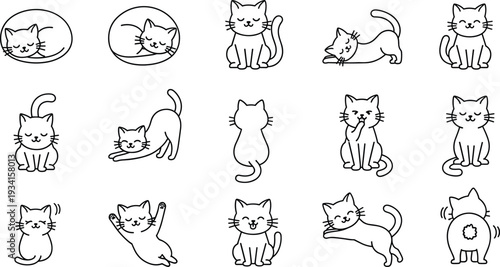 Icon set of cute cat illustrations in various playful poses and emotions