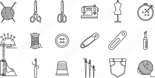 Sewing Icon Collection Features Various Tools and Supplies for Crafting