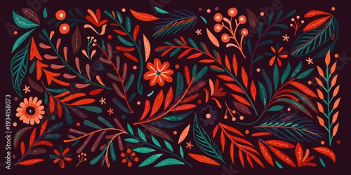 A vibrant stylized floral pattern with red teal and burgundy hues