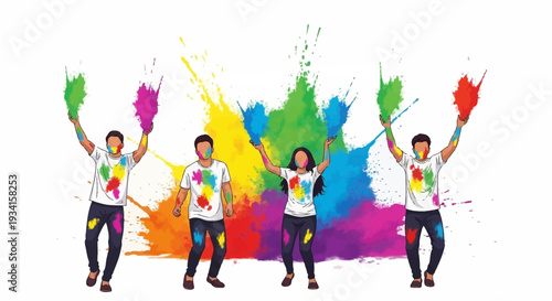 Vibrant Holi Festival Celebration: Diverse Friends Throwing Colorful Powder and Gulal, Dynamic Color Splashes on White Background