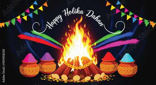 A vibrant illustration for happy holika dahan festival with bonfire, colorful powder pots, and festive bunting decorations against a dark background.