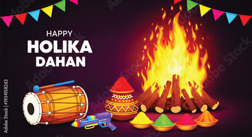 Happy holika dahan celebration with bonfire, dhol, pichkari, and colored powders on a deep purple background.