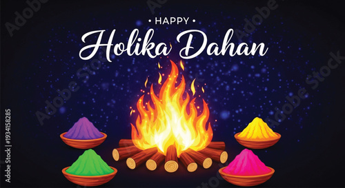 A vibrant illustration depicting the Hindu festival of Holika Dahan, featuring a large bonfire surrounded by small bowls of brightly colored powders against a dark, starry blue background.