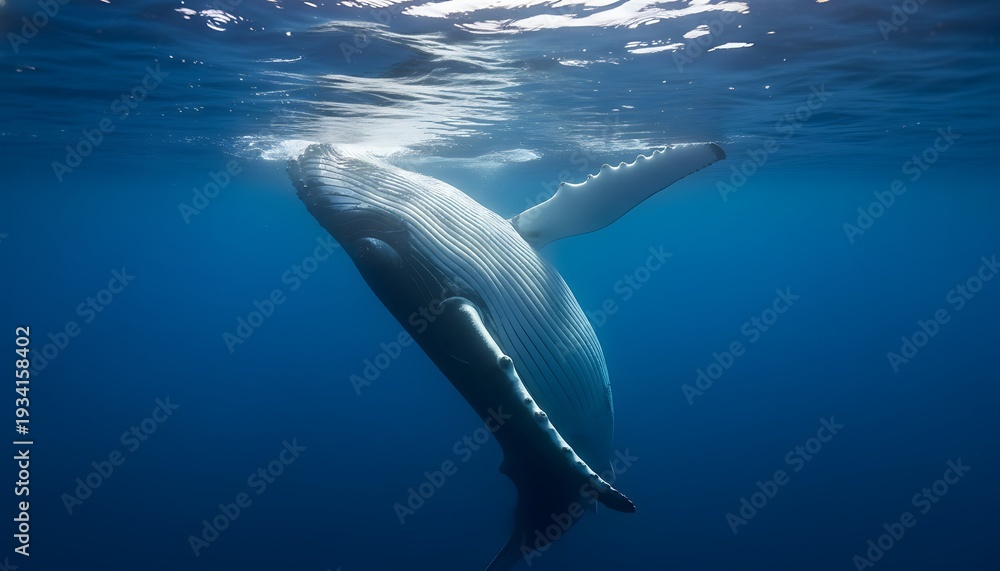 Obraz premium Humpback whale swimming underwater with sunlight shining through the surface above in the deep blue ocean waters