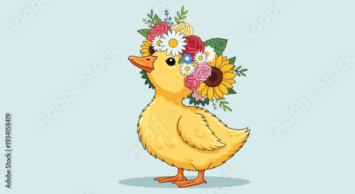 A cute cartoon duckling wearing a colorful floral crown on its head