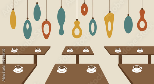 A minimalist coffee shop interior with colorful pendant lights and brown tables