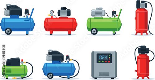 Air compressor industrial equipment collection flat vector illustration for pneumatic power tools and professional workshop machinery