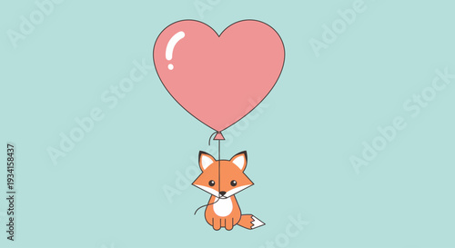 A cute cartoon fox holding a pink heart-shaped balloon in a light blue background
