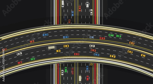 A busy highway interchange with multiple lanes and colorful vehicles at night