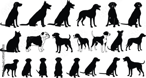 Silhouette collection of various dog breeds and a cat in different poses on a white background animal