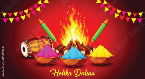 A vibrant holika dahan celebration with bonfire, colorful powders gulal, and dhol drum illustration on a red background.
