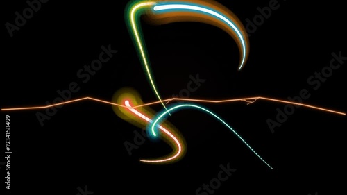 Vibrant Motion Graphics Display with Swirling Neon Lights against a Dark Background