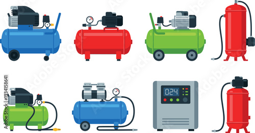 Air compressor industrial equipment collection flat vector illustration for pneumatic power tools and professional workshop machinery