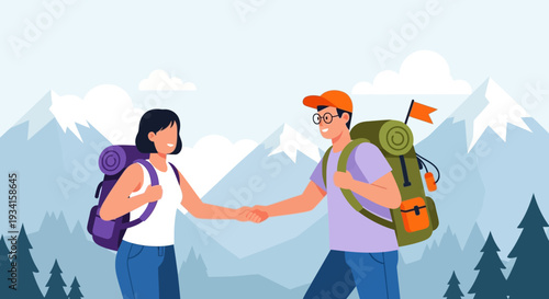 Hikers Shaking Hands in Mountains - Partnership, Adventure & Teamwork Illustration