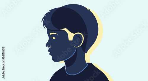 A stylized illustration of a young boy's profile with a simple background