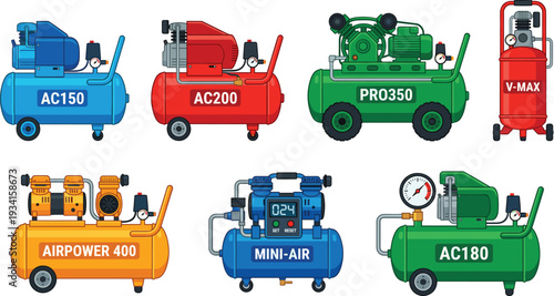 Air compressor industrial equipment collection flat vector illustration for pneumatic power tools and professional workshop machinery