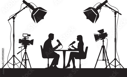 Silhouette of man and woman interviewing each other with studio